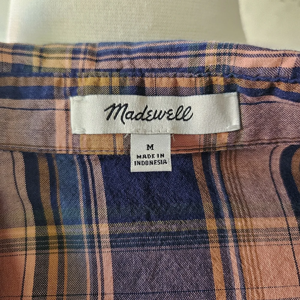 Madewell Plaid Tie Hem Button Front Short Sleeve Shirt Navy Blue Peach Medium - Picture 7 of 12